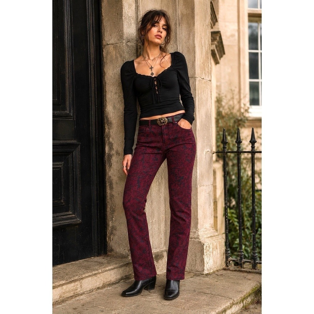Y2K Burgundy Denim Jeans Black Rose Damask Print Straight Leg Dark Romantic 6